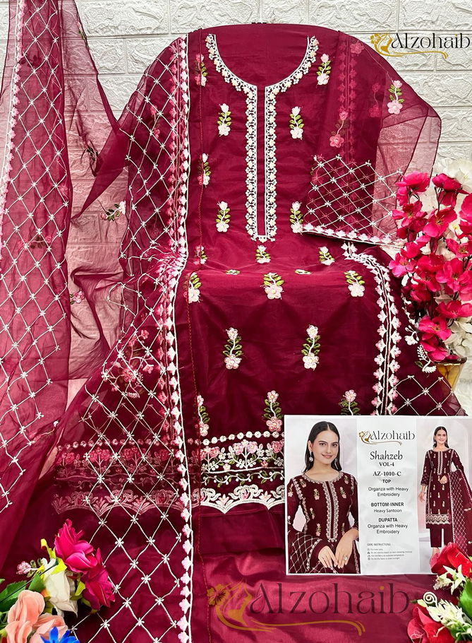 Shahzeb Vol 4 A to D By Alzohaib Organza Embroidery Pakistani Suits Wholesale Online
